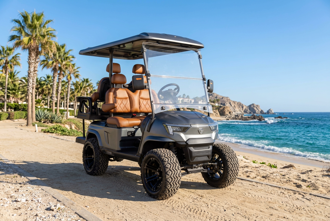 Carrito de golf eléctrico ZYCAR con asientos de piel color canela estacionado en un camino de arena de playa en Los Cabos con el océano de fondo