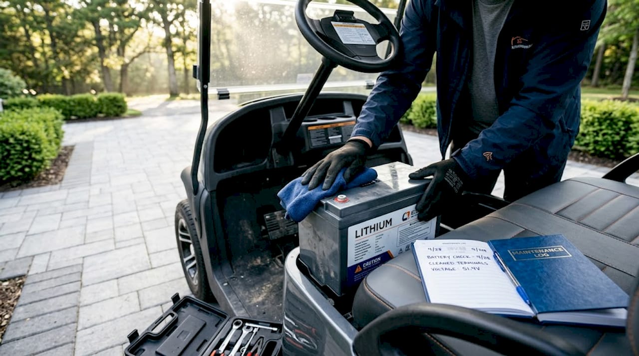Technician cleaning a lithium golf cart battery during maintenance in Los Cabos