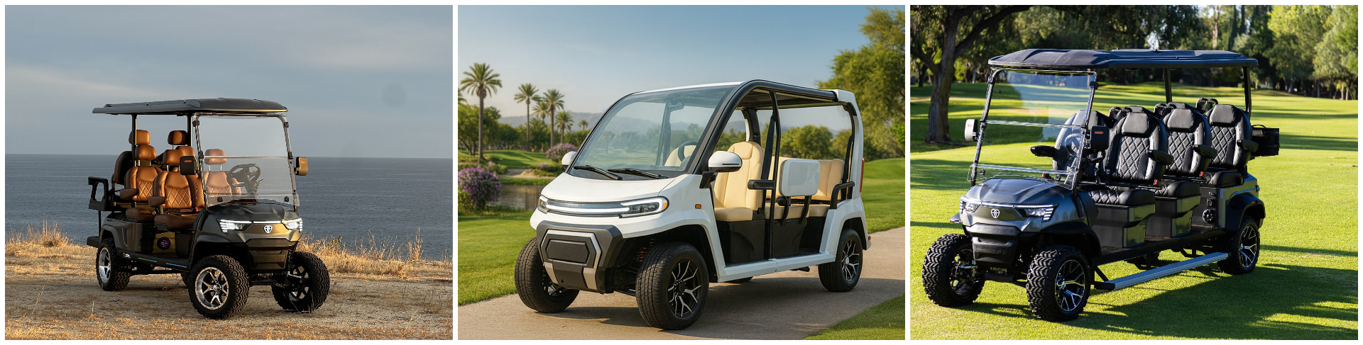 ZYCAR E4, E6 and City electric golf carts side by side in Los Cabos