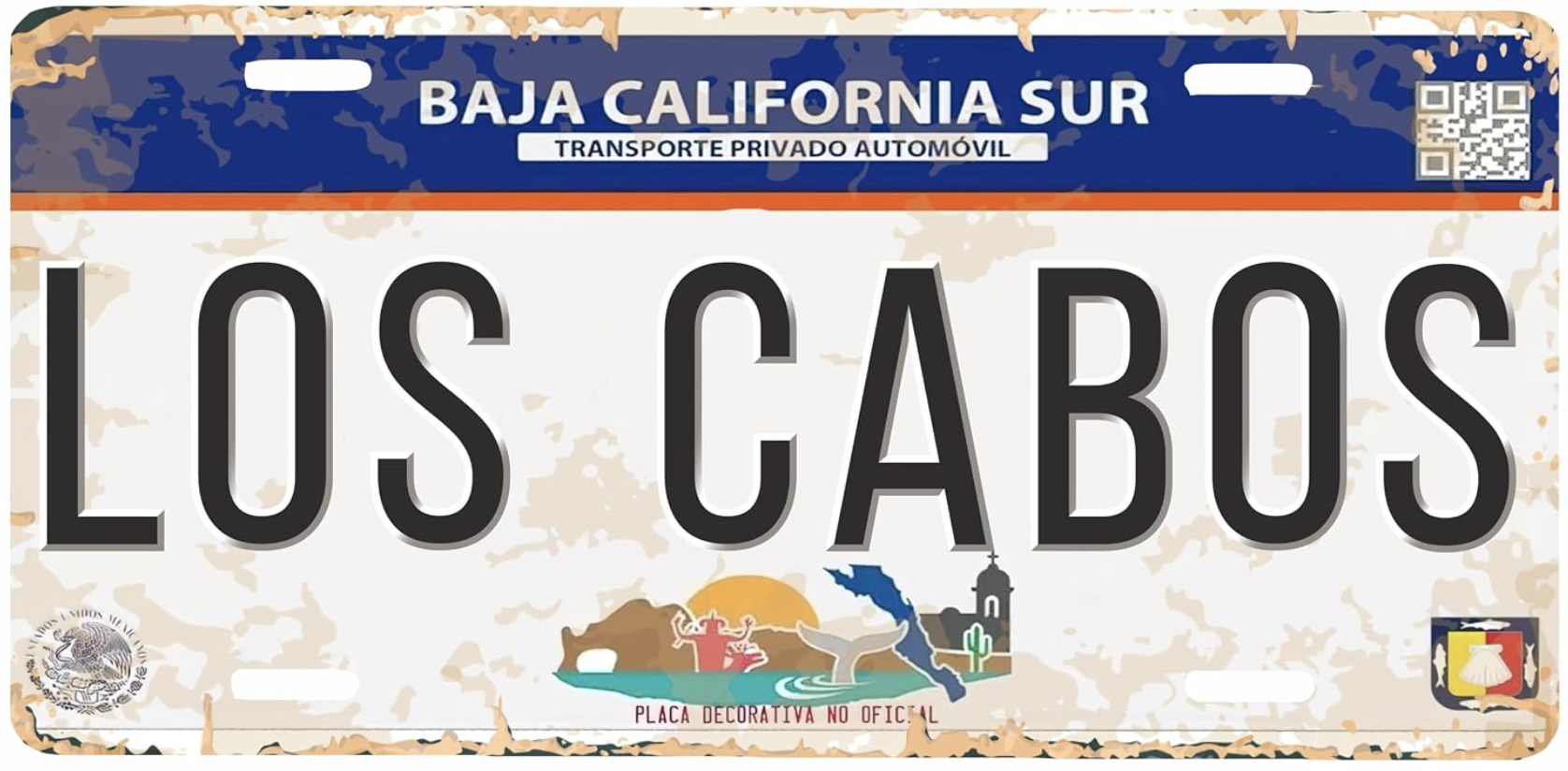 Placa decorativa de Los Cabos que ilustra que los carritos de golf no pueden registrarse para circular en vías públicas en Baja California Sur