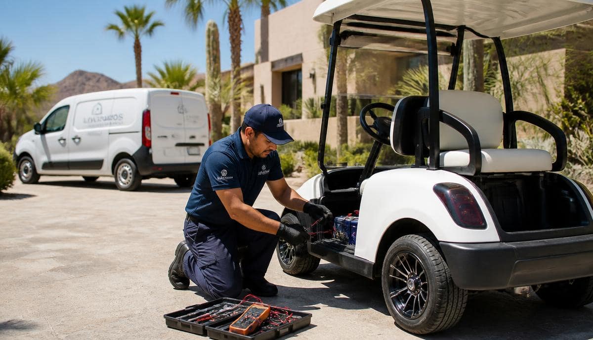 Zycar Baja technician performing mobile golf cart repair at a customer's home in Los Cabos