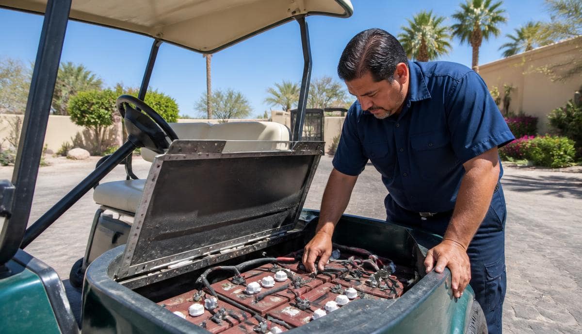 Técnico inspeccionando el compartimento de baterías de un carrito de golf viejo en Los Cabos